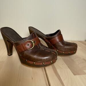 Vtg White Mt Womens Leather Studded Mules Clogs 8.5M Brown Buckle Y2K Boho Indie